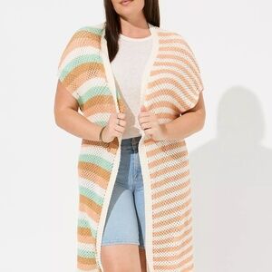 Torrid White and Cream Knit Duster Open Front
